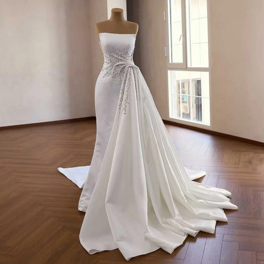 

Modern Sheath Mermaid Bridal Dress Strapless Lace Up Back Draped Pleat Satin Pearls Wedding Dress