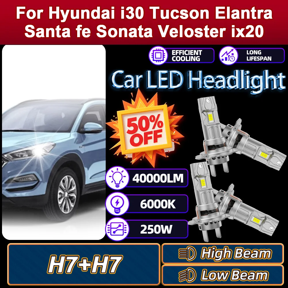 

H7 Headlight Ampoule 250W High Power 40000LM Long Lifespan 6000K For Hyundai i30 Tucson Elantra Santa fe Sonata Veloster ix20