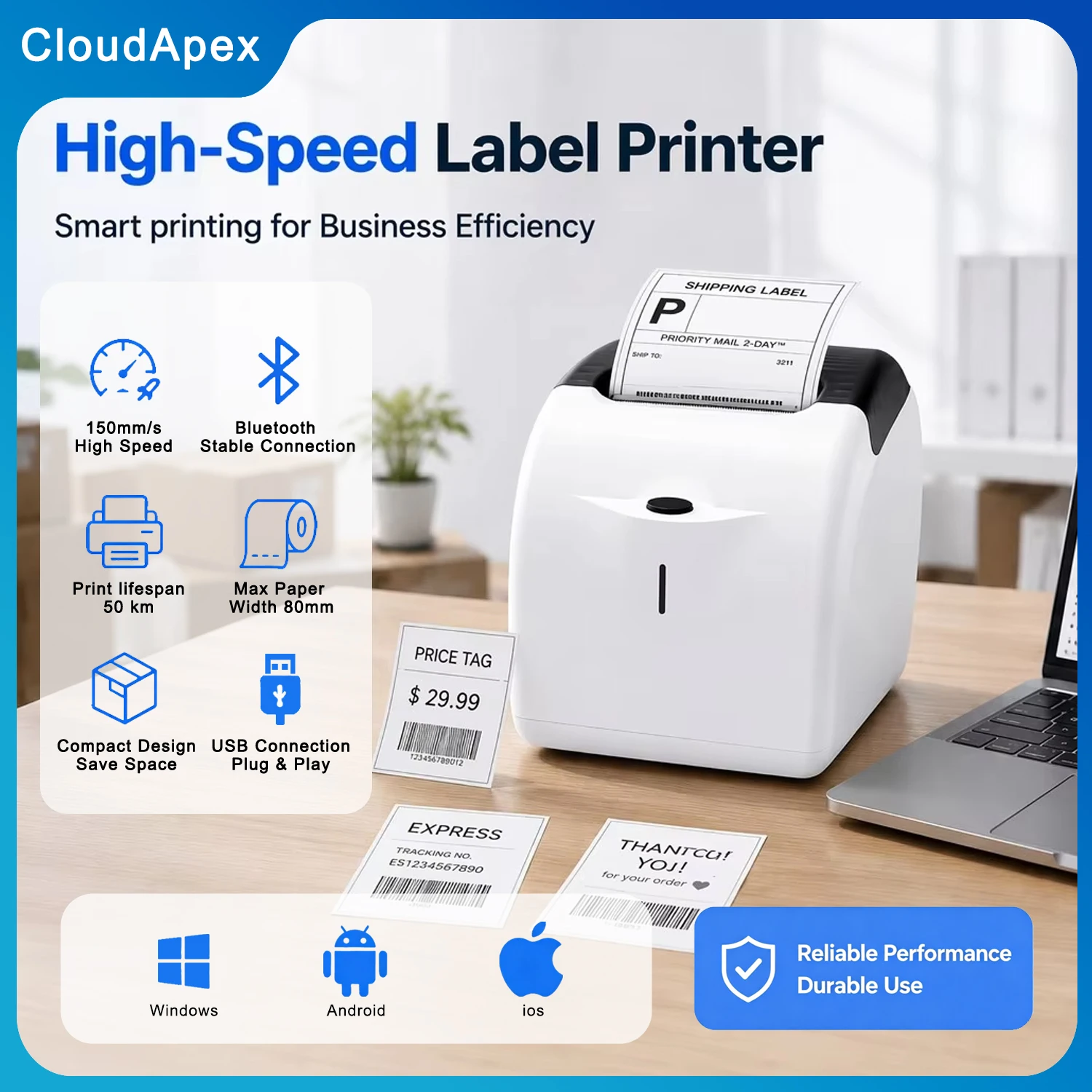 CloudApex L80G 72mm Desktop Thermal Label Receipt Printer Bluetooth USB  Barcode Printer for Windows Android iOS Phone
