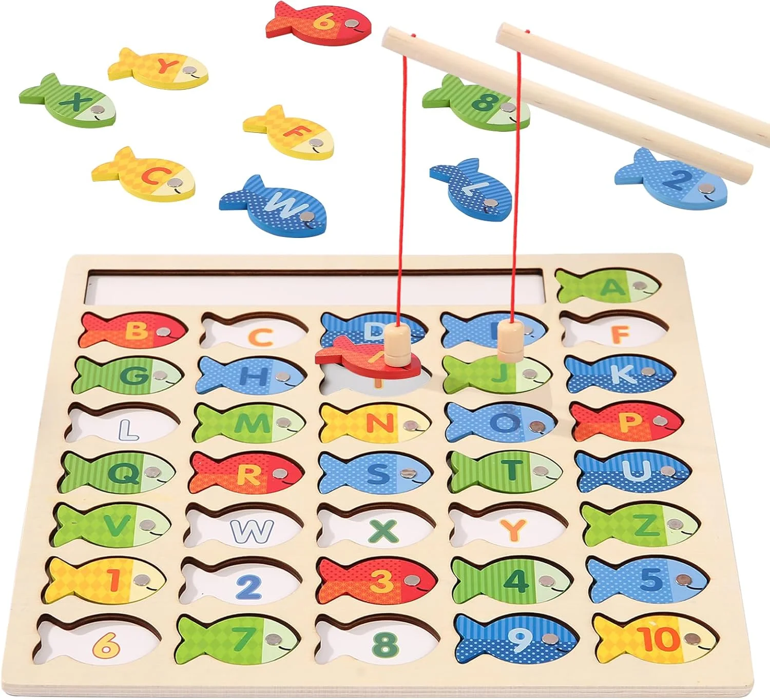 

Wooden Magnetic Fishing Game for Toddlers, Fine Motor Skills Toy with Letters and Numbers, Preschool Learning ABC and Puzzle