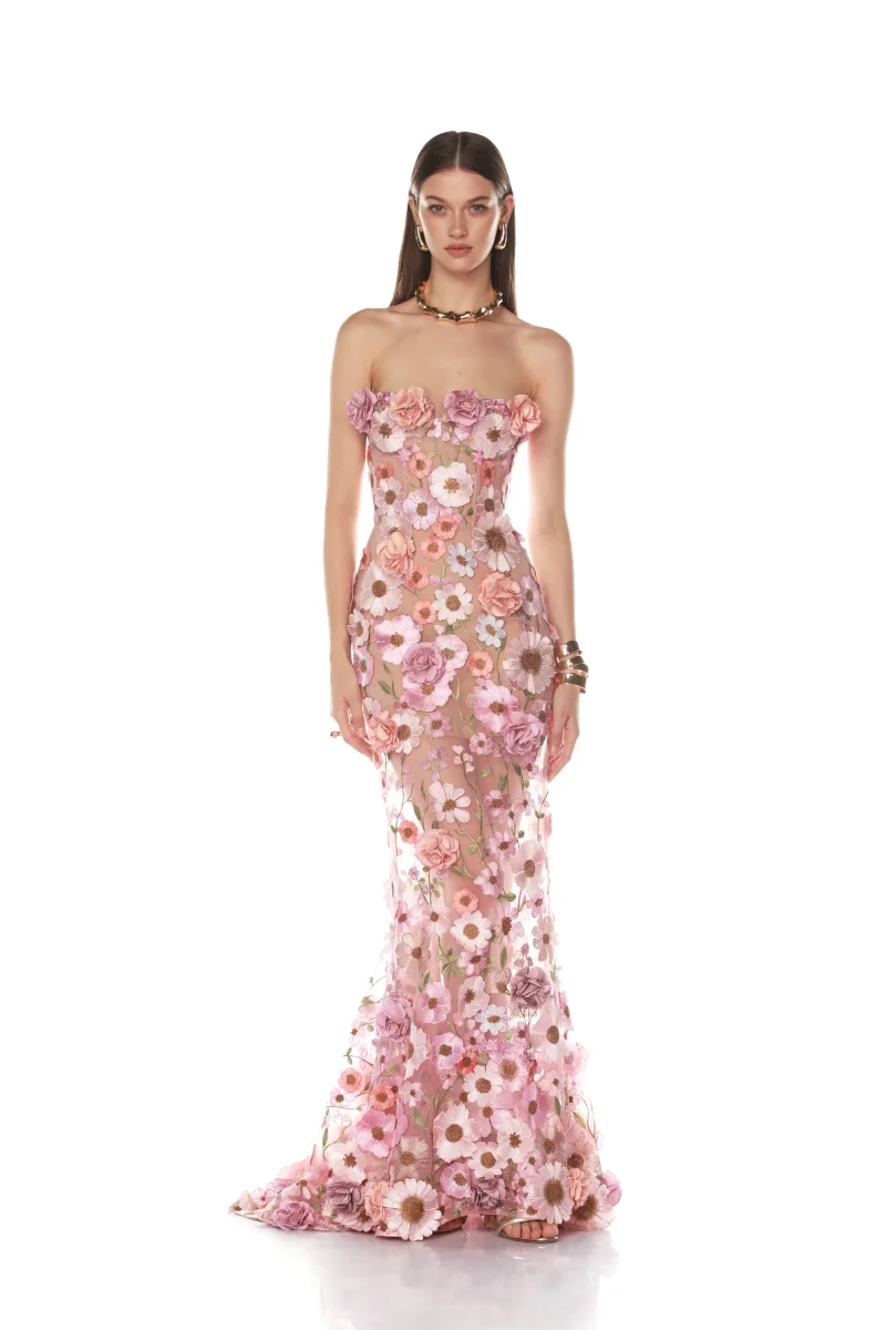 Jessica Abiti da sera con decalcomanie 3D fatti a mano Abiti da ballo rosa Abiti da festa di nozze con fiori ricamati in tulle personalizzati