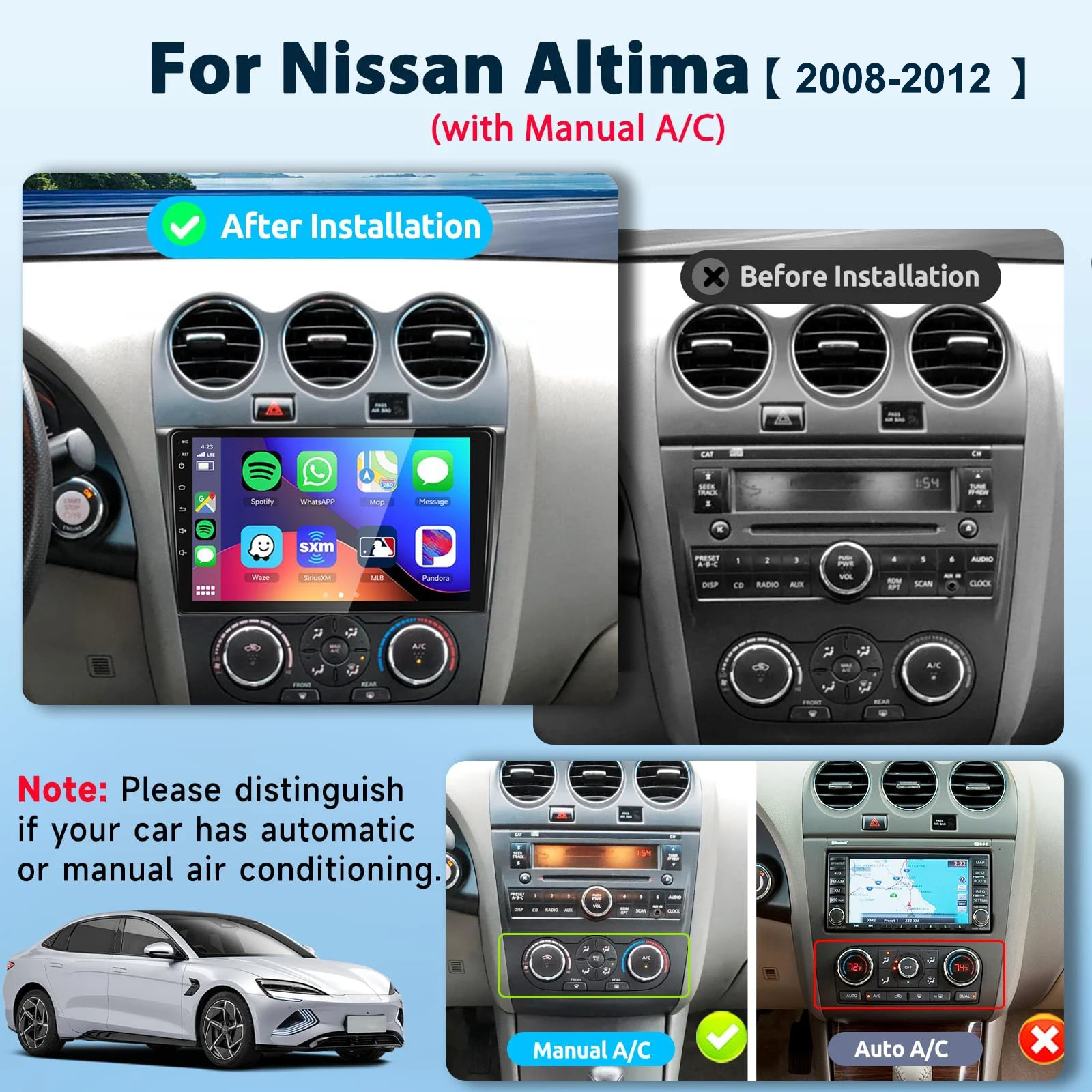 Android Car Radio Stereo For【Nissan Altima 2008-2012 Manual A/C】with Wireless Carplay Android Auto 9 inch Touch Screen Bluetooth, Car Audio Receiver GPS Navigation WiFi Backup Camera FM/RDS SWC