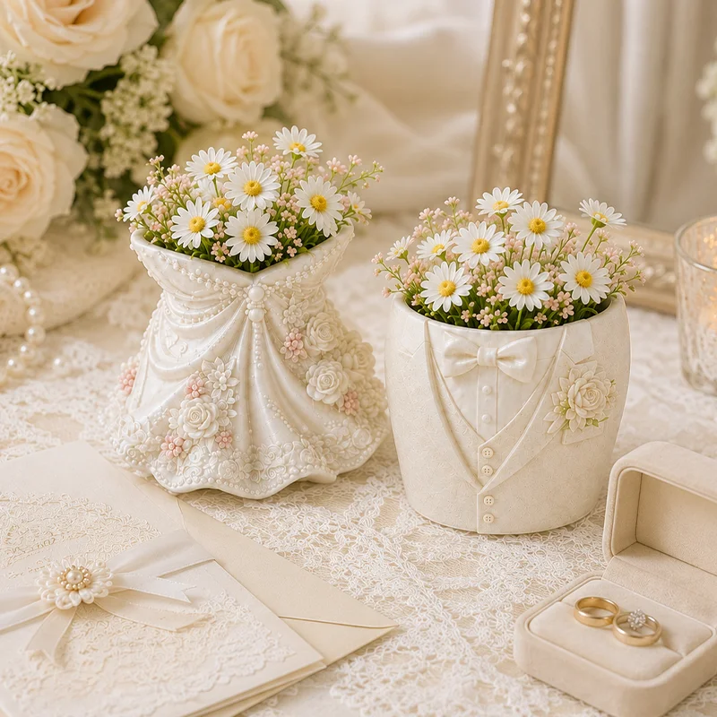 3D Bride and Groom Flower Pot Silicone Mold – A crafting tool for resin and plaster projects; ideal for wedding season and party