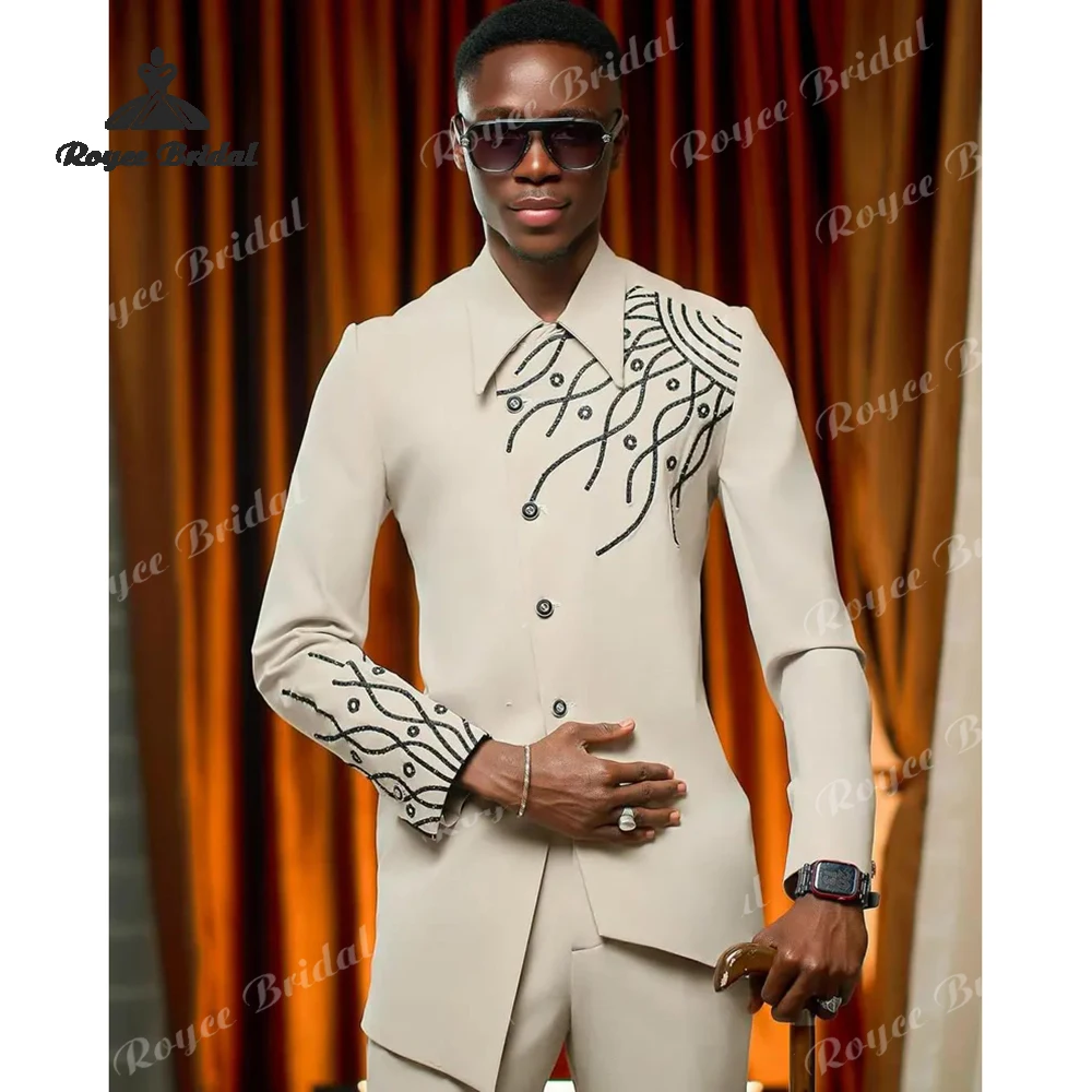 Tweedelige digitale borduurwerk Afrikaanse bruiloft herenpakken Single Breasted traditionele bruiloftsoutfit kostuum homme mariage