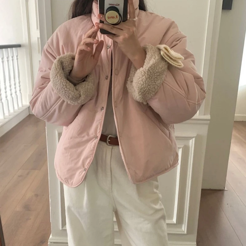 

3Colors Winter Warm Thickened Two Sides Wear Women Coats Lamb Wool Stand-up Collar Single-breasted Loose Cotton Coat Jacket