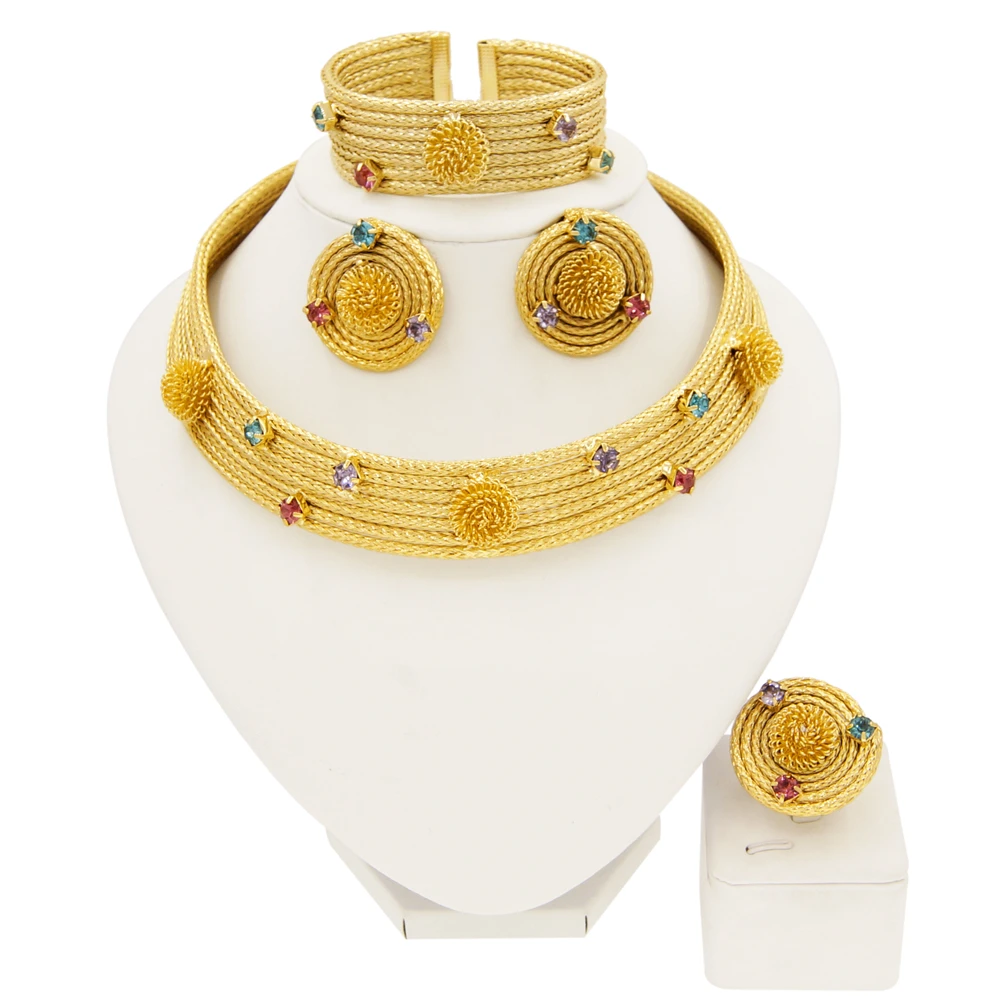 Classic Vintage Woman Necklace Jewelry Set Full Copper Material Colorful Rhinestones Luxury Bracelet Earrings Wedding Jewelry