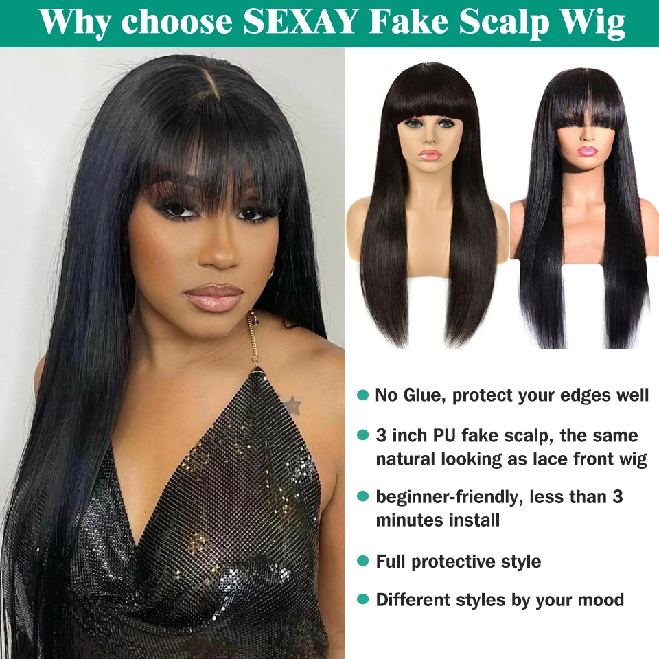 Fake Scalp Bang Wigs Human Hair Wig Peruvian Silky Straight Hair Sexay 32 Inch 180 200 Density Machine Made Fringe Wig With Bang