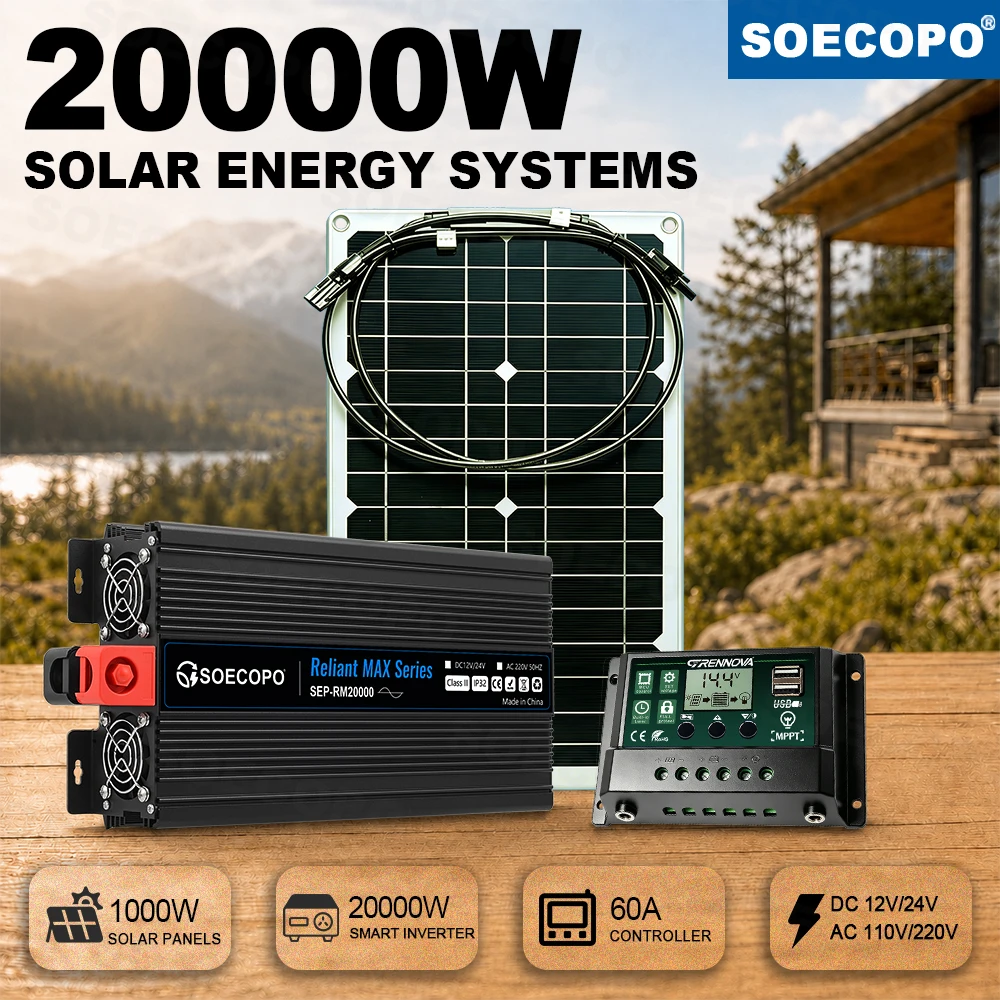 20000W Off-Grid Solar System 2000W Continuous Inverter 1000W Solar Panel MPPT Charge Controller 12V/24V Convert To 110V/220V