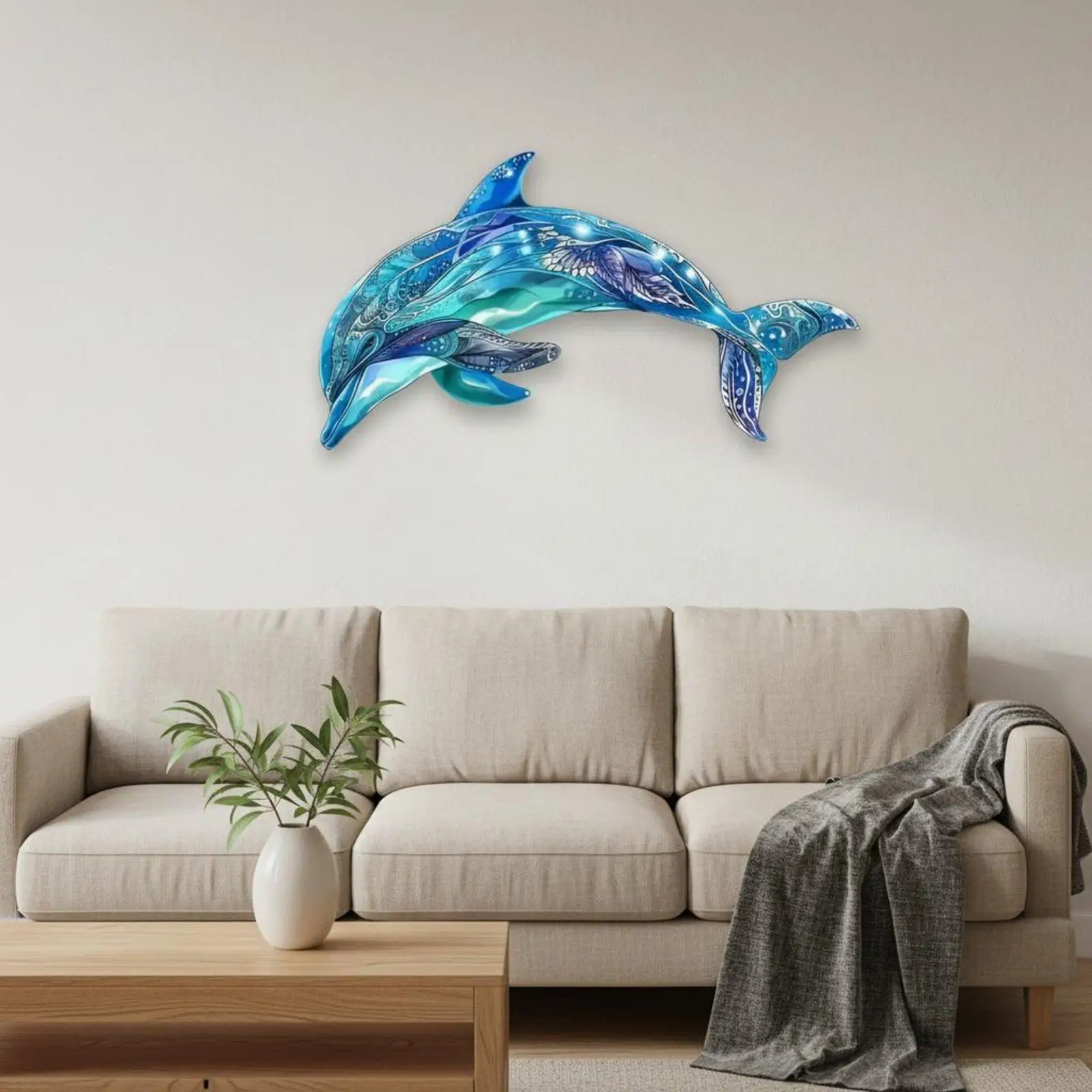 Metal Dolphin Wall Art Blue Ocean Style Iron Wall Hanging Decor Rustproof Sculpture Ornament For Living Room Bedroom Decoration