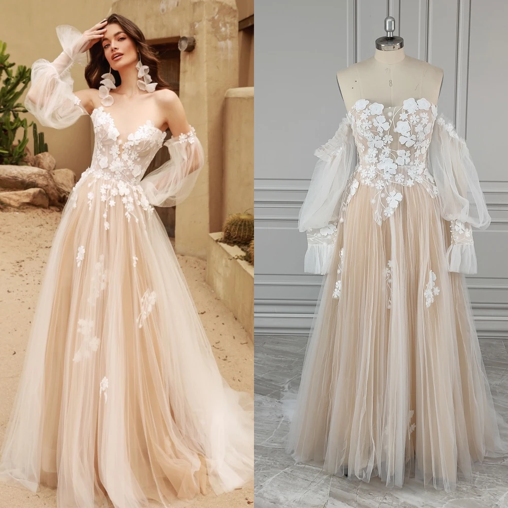 2220 #   100% personalizado Boho desmontable mangas abullonadas apliques de encaje vestido de novia sin tirantes para mujer vestido de novia de tul Línea A