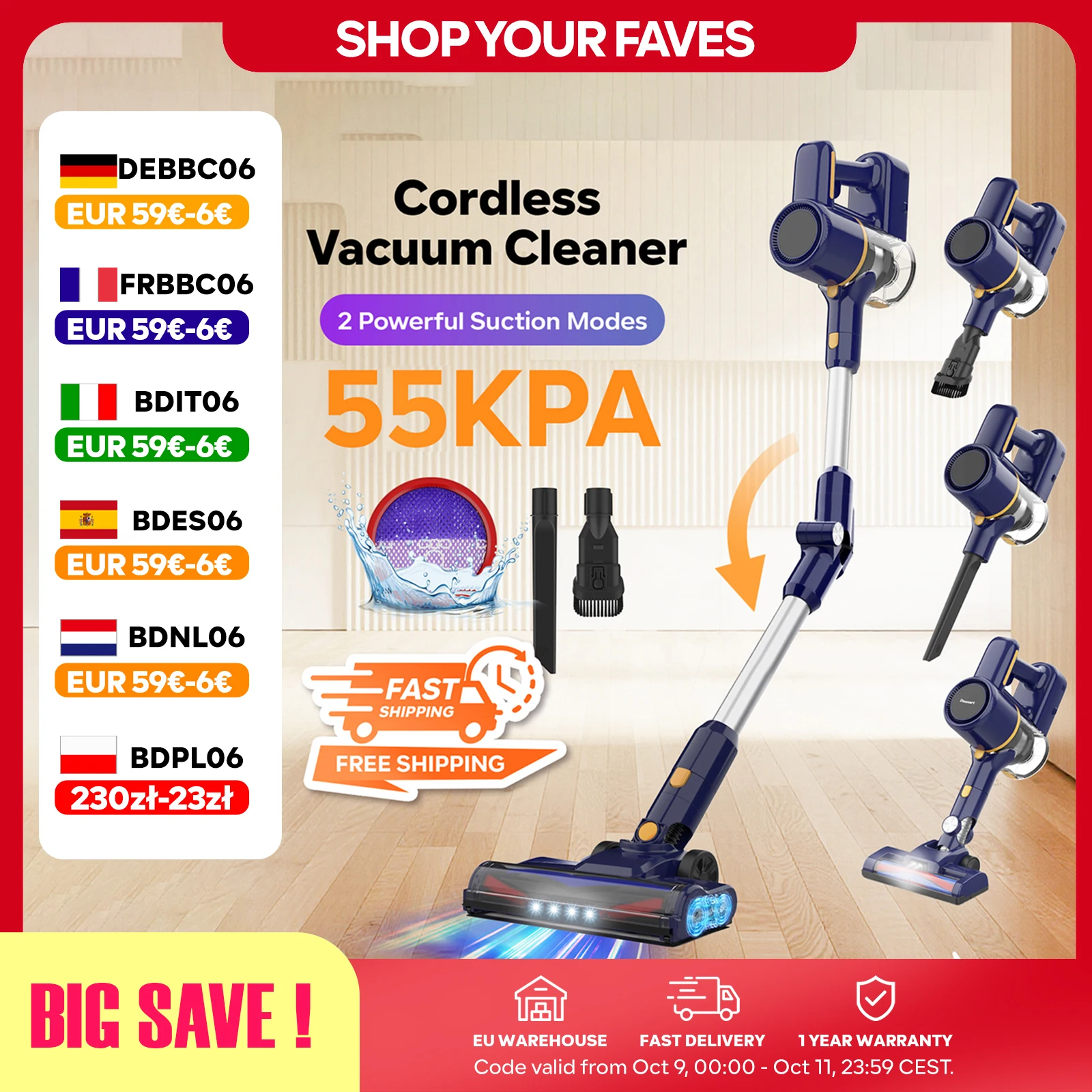 55KPa Aspiradora sin Cable Potente 40min Batería 8*2200mAh Tubo Plegable LED Escoba Eléctrica para Suelos Alfombras Coche