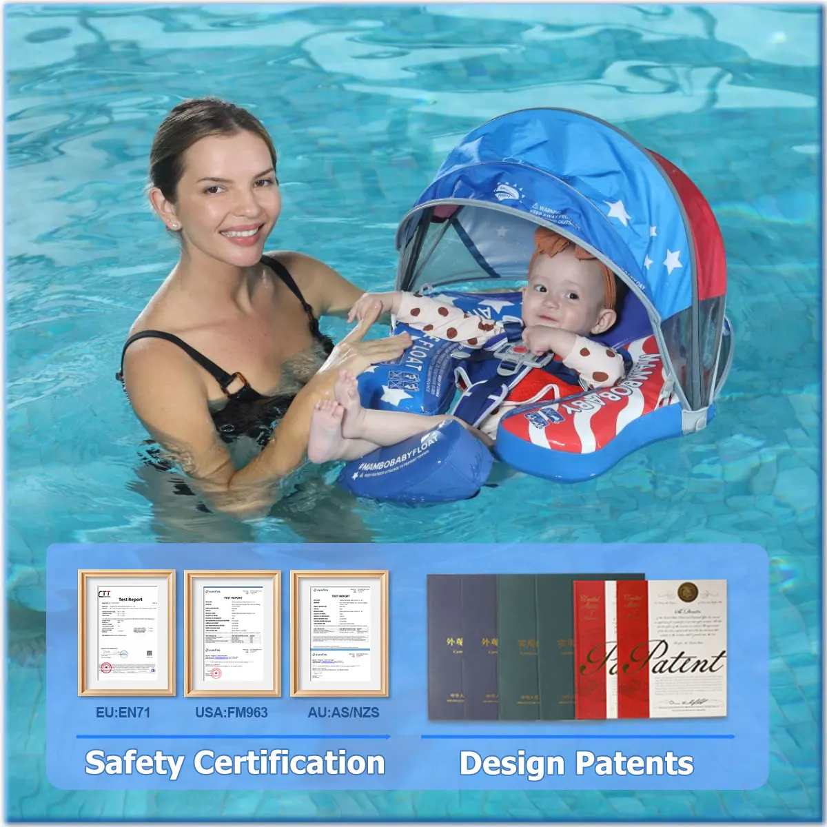 MAMBOBABY FLOAT Sunny Navigator Baby Pool Float พร้อมหลังคา US Flag ปลอดภัย Air-Free Core, สบาย, ป้องกันแสงแดดแบบปรับได้