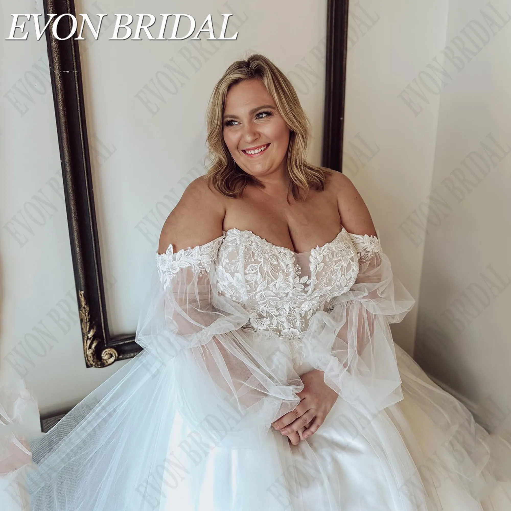 EVON BRIDAL-Robe de Mariée en Dentelle Sans Bretelles, Manches Bouffantes, Ligne A, Dos aux, Applique, Patients Personnalisés, Quelle que soit, Grande TailleEvon Bridal bretelles dentelle robe de mariée plus size Brida