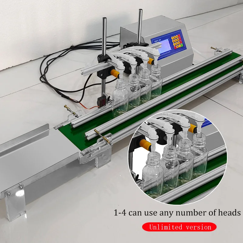 CSY-4H1200 자동 연동 펌프 소형 액체 충전 기계, 4 라인 컨베이어 벨트 충전 기계, 4*1200ml/분