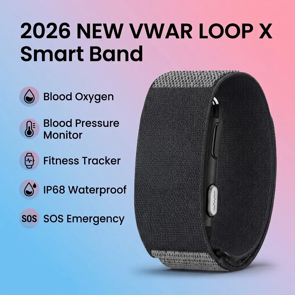 2026 New VWAR LOOP X Smart Band Blood Oxygen Blood Pressure Monitor Fitness Tracker IP68 Waterproof SOS NO Screen Smart Band