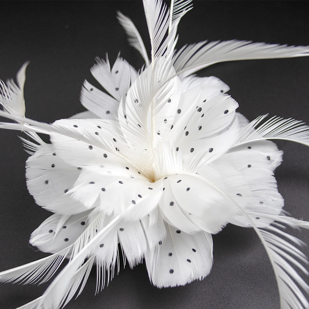 White Vintage polka dotted Feather Flower Brooch&Clip Fascinator Ladies Plumage Accessories Headpiece Headdress With Feathers