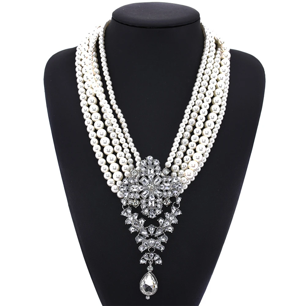 Women Chunky Crystal Rhinestone Bib Pendant Chandelier Imitation Pearl Beaded Layered Statement Wedding Necklace Jewelry Bridal