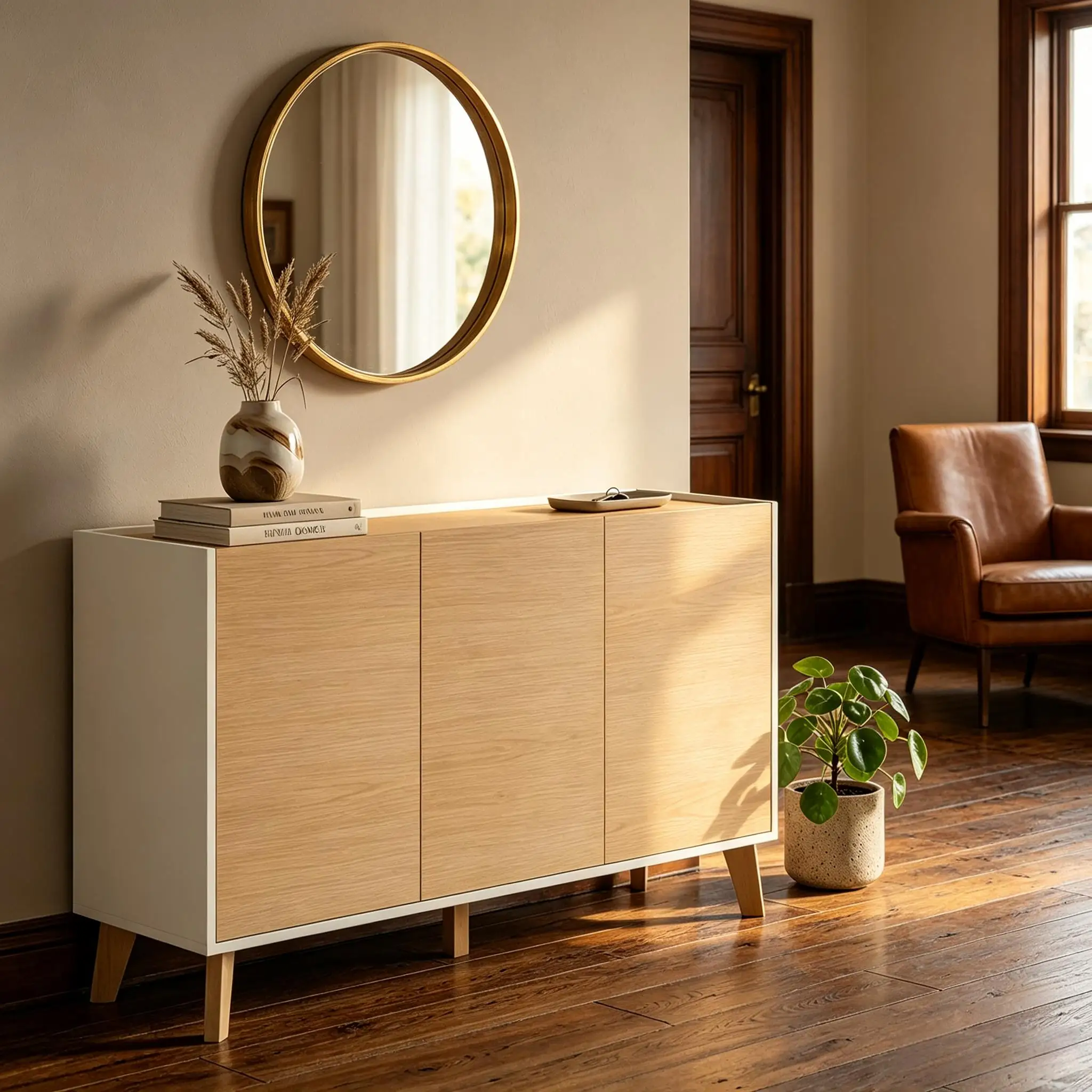 Buffet à 3 portes en imitation bois clair, meuble de rangement autoportant pour cuisine, bar à café, avec compartiments séparés, table console surélevée résistante à l'humidité pour salle à manger, salon, petit appartement.