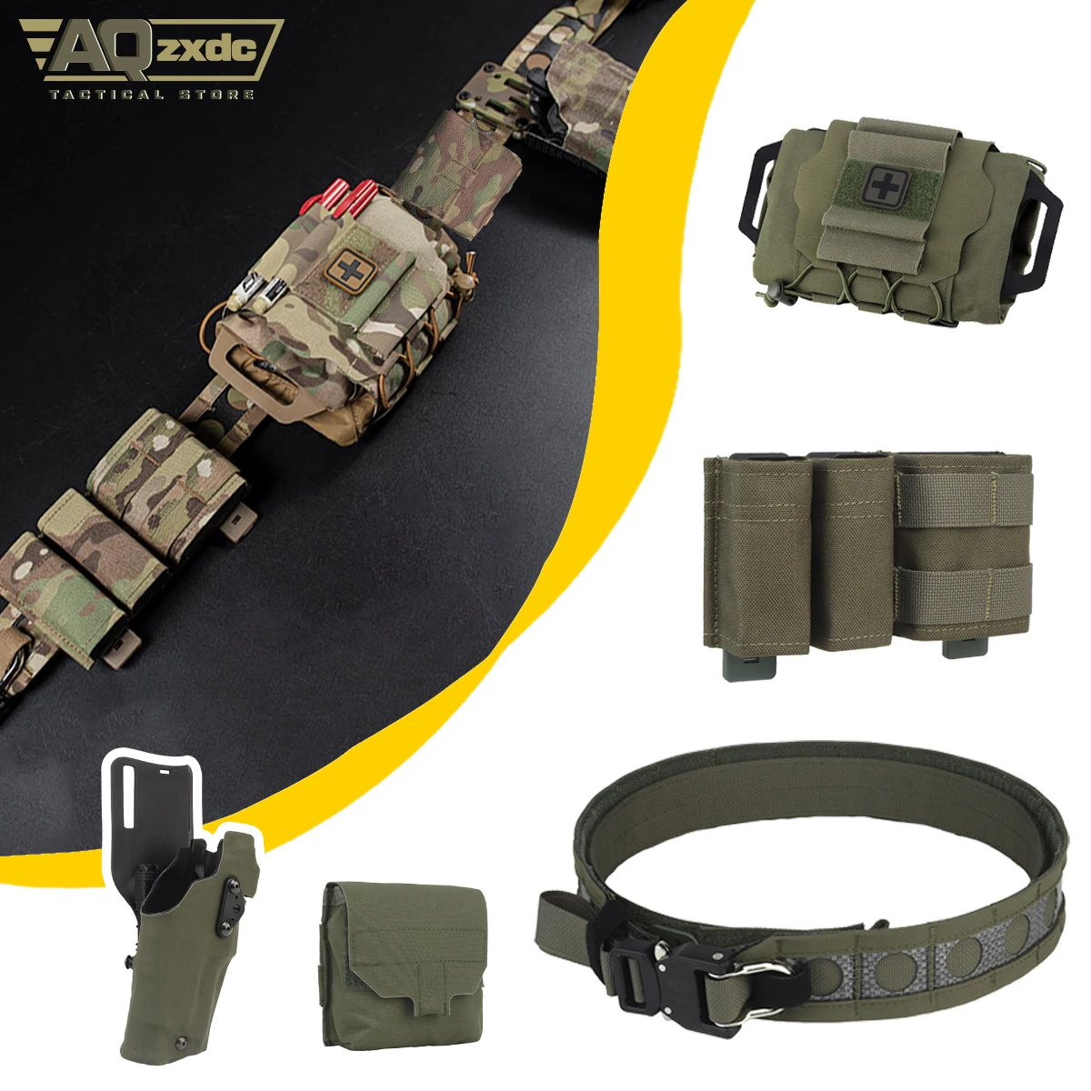 

Tactical Battle Belt with Quick Holster & Fast 9mm+5.56 Double Magazine Bag & Medical Pouch & Dump Bag for Outdoor Airsoft Games