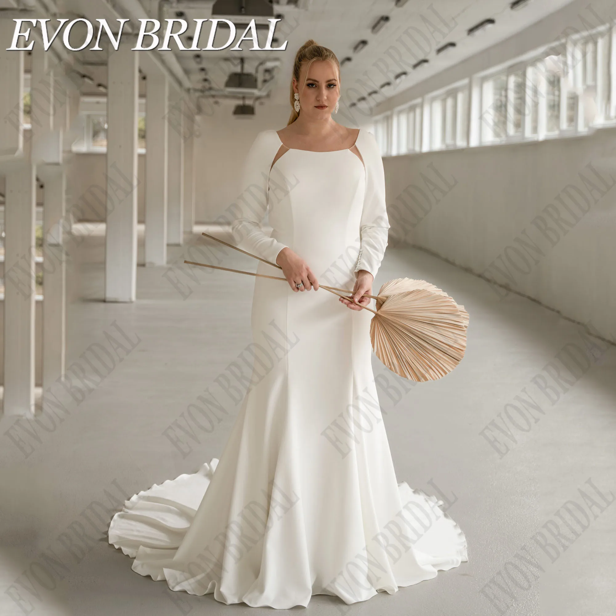 

EVON BRIDAL Satin Large Size Wedding Dress Long Sleeve Scoop Mermaid Illusion Back Bride Gowns Sweep Train Vestidos De Novia