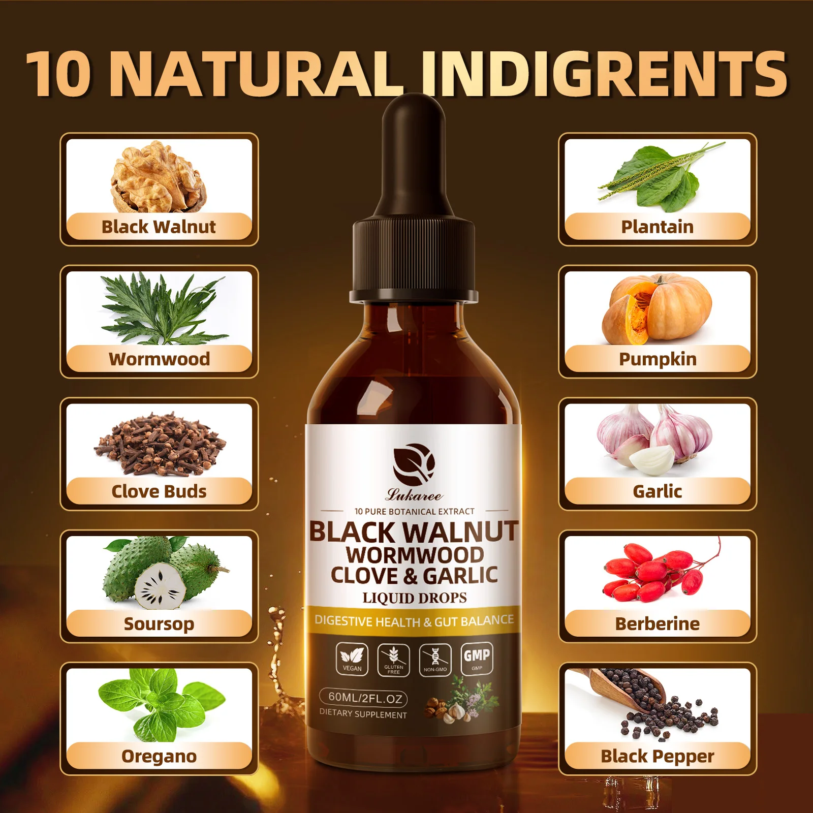 LUKAREE 60ML Black Walnut Wormwood Clove & Garlic Drops for Detox & Cleanse, Support Immune & Digestive System Health Antioxidant