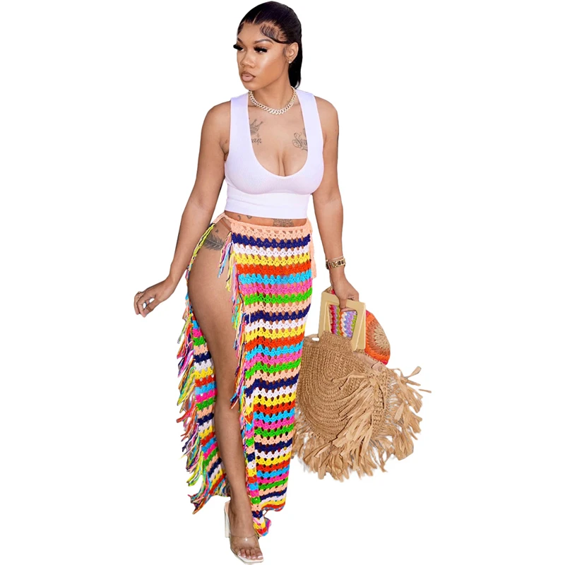 Colorful Hand Crochet Tassel Maxi Skirts Women Fashion Sexy Side High Split Knitted Long Beach Cover Ups Casual Petticoats