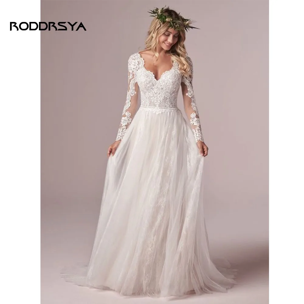 RODDRSYA Tulle abiti da sposa a maniche lunghe Boho scollo a v Appliques di pizzo abiti da sposa a-line aperto indietro per le donne Robe De Mariee