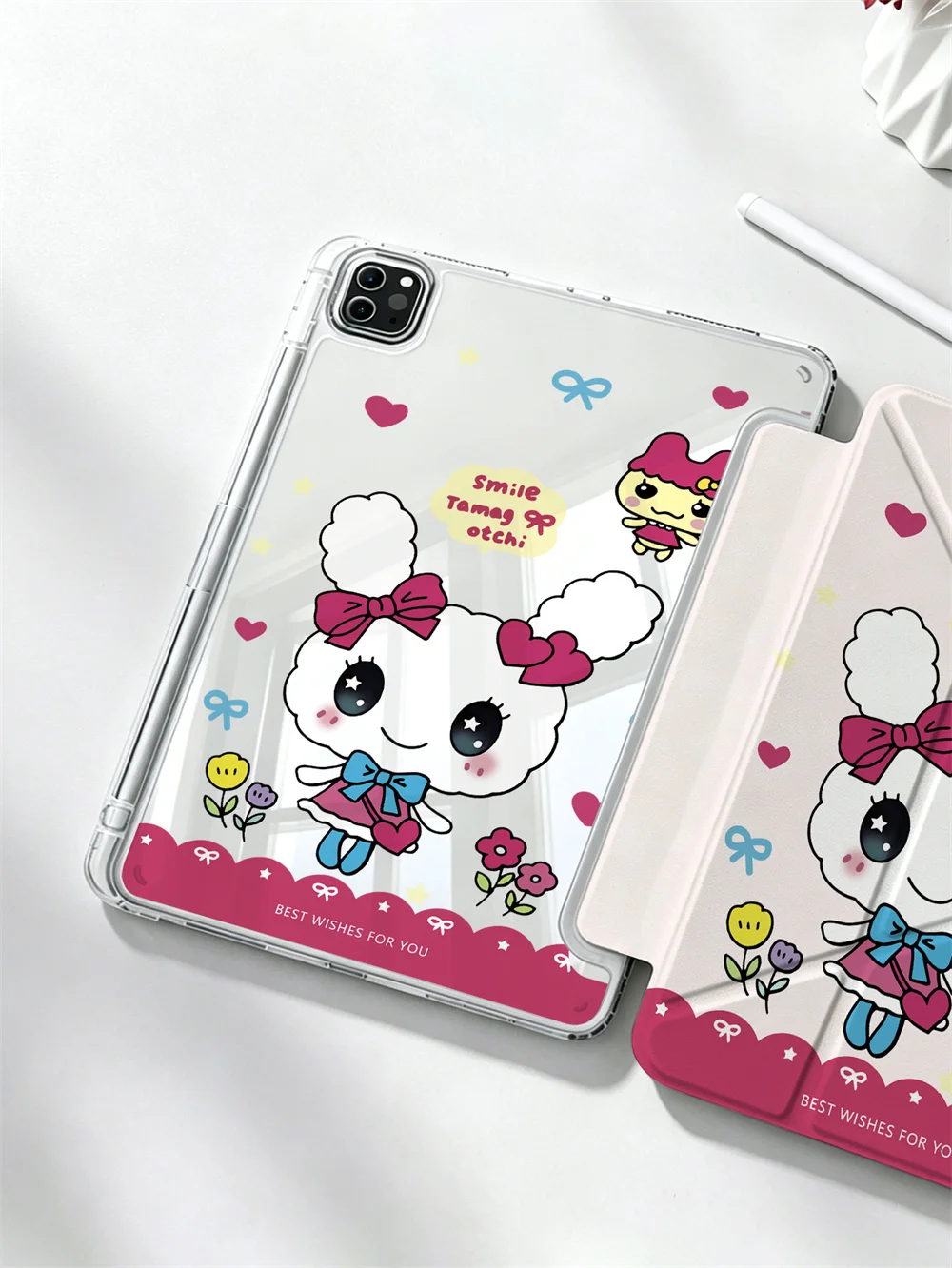 Cute Tamagotchi Lovelitchi Bow Rabbit Y‑Fold Tablet Case For iPad Mini6 Mini7 Air4 Air5 Air6 Air7 iPad9 iPad10 Pro11 Clear Acryl
