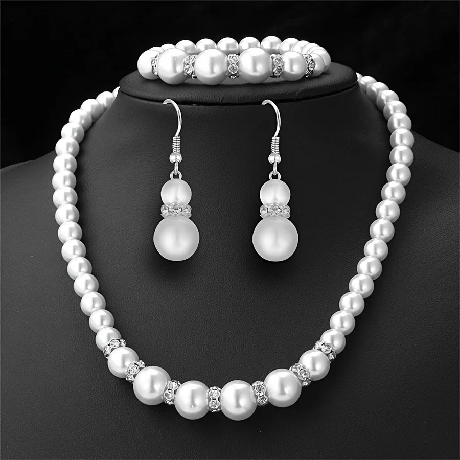 4pcs/Set Faux Pearl Jewelry Set with Necklace Earrings Bracelet,Pearl-Shaped Bracelet And Simple Gold-Tone Earrings for Women