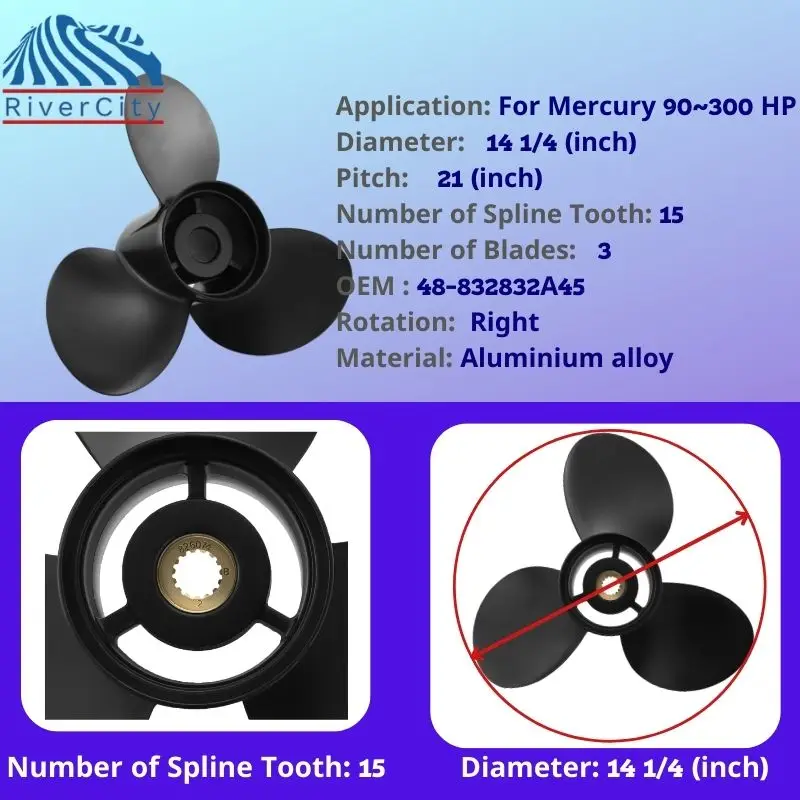 Boat Propeller 14 1/4x21 For Mercury 90hp 100hp 115hp 125hp Outboard Screw Boat Motor Aluminum  Propeller 3 Blade 15 Spline