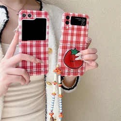 Cute Red Plaid Pattern Phone Case For Samsung Galaxy Z Flip 6 5 4 3 Cover with Stand Chain Silicone Cases For Z Flip4 Flip5 5G