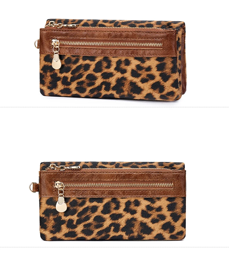 Vintage Damen-Geldbörse mit Leopardenmuster, Doppelreißverschluss, PU-Leder, lange Geldbörse, multifunktionale Kreditkarten-Clutch mit Handgelenkschlaufe – Detail 26