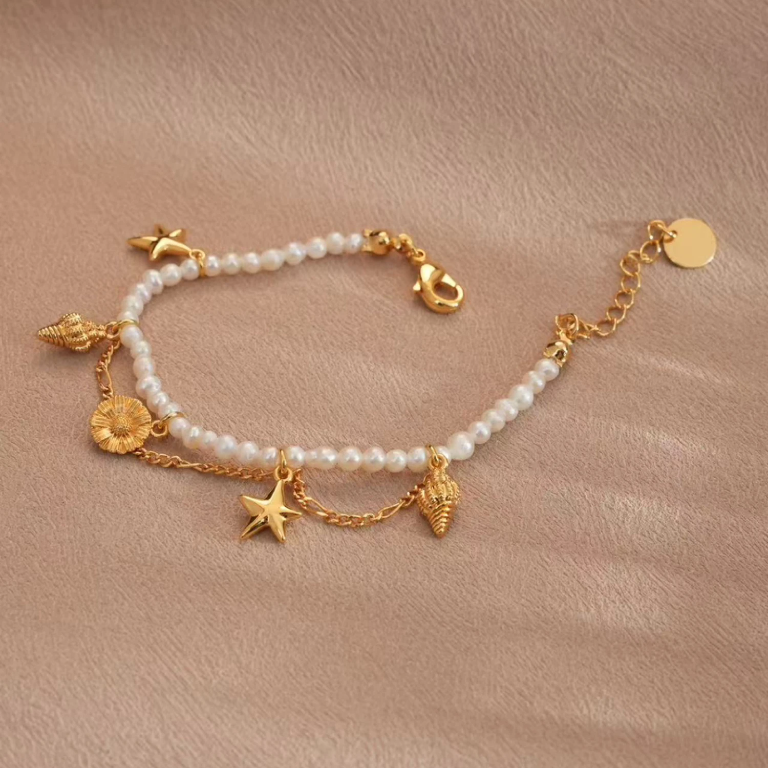 YAJUNIEL Natural Freshwater Pearl Bracelet for Women with Starfish Seashell Charms 24K Real Gold Plated Beach Theme Jewelry Gift