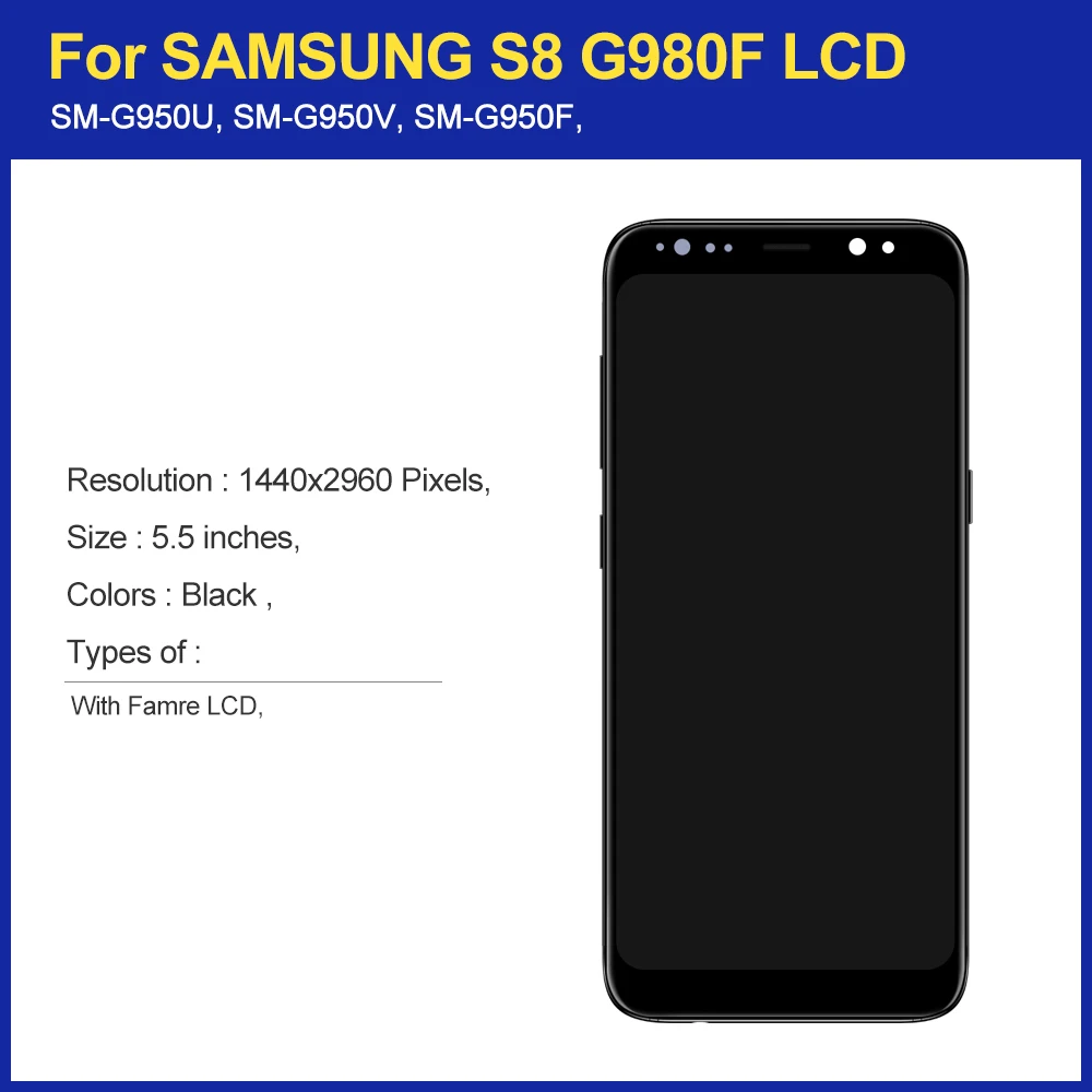 100% Tested New TFT S8 LCD For Samsung S8 Display G950 G950F SM-G950FD For Samsung S8 display Touch Screen Digitizer with Frame