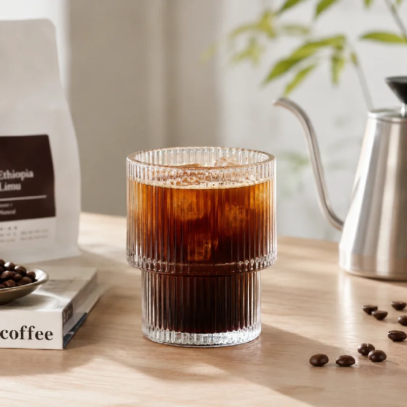 190ml Stackable Ribbed Glass Cup Set 2/4PCS Available Vertical Stripe Design Saves Space Great for Whiskey Iced Coffee Juice Tea - view 3