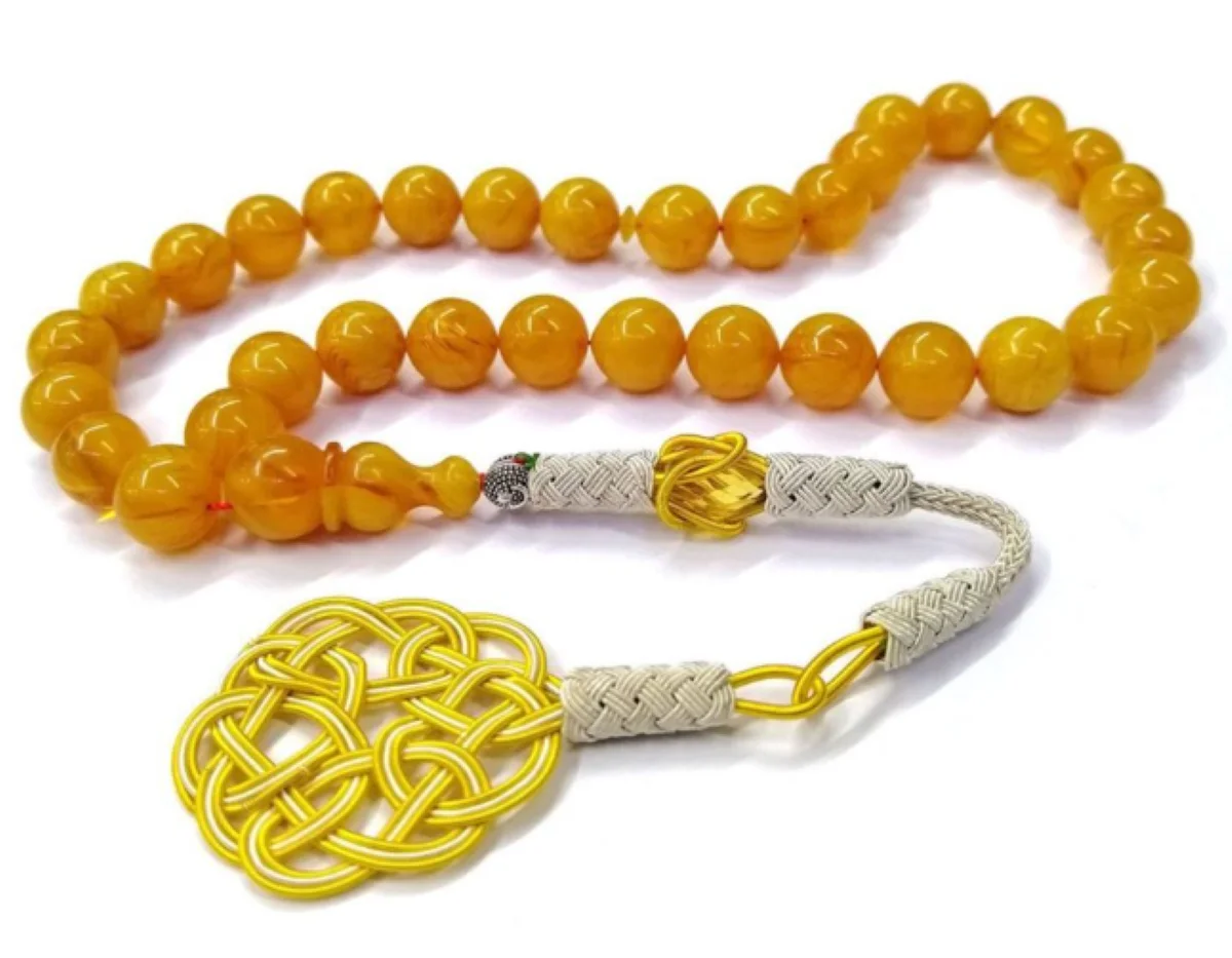 

Hand Knitted Kazaz Tasseled Sphere Cut Yellow Moire Squeezed Amber Rosary Prayer Beads