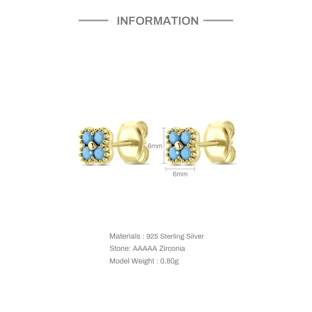 Aide 925 Sterling Silver Cute Turquoise Zircon Mini Small Four Petal Flower Stud Earrings for Fashion Women Teen Jewelry Gift