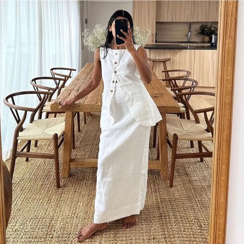 Chic Cotton Linen Long Skirt Set Women 2024 Sleeveless Single Breasted Vest Top Back Split Maxi Skirts Lady 2 Piece Suits Outfit