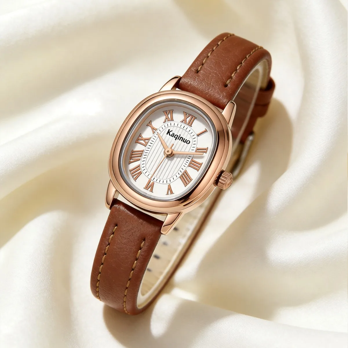 KAIRIS Women's Rose Gold Quartz Watch Oval Dial Brown Leather Strap Roman Numeral Elegant Fashion Wristwatch for Ladies