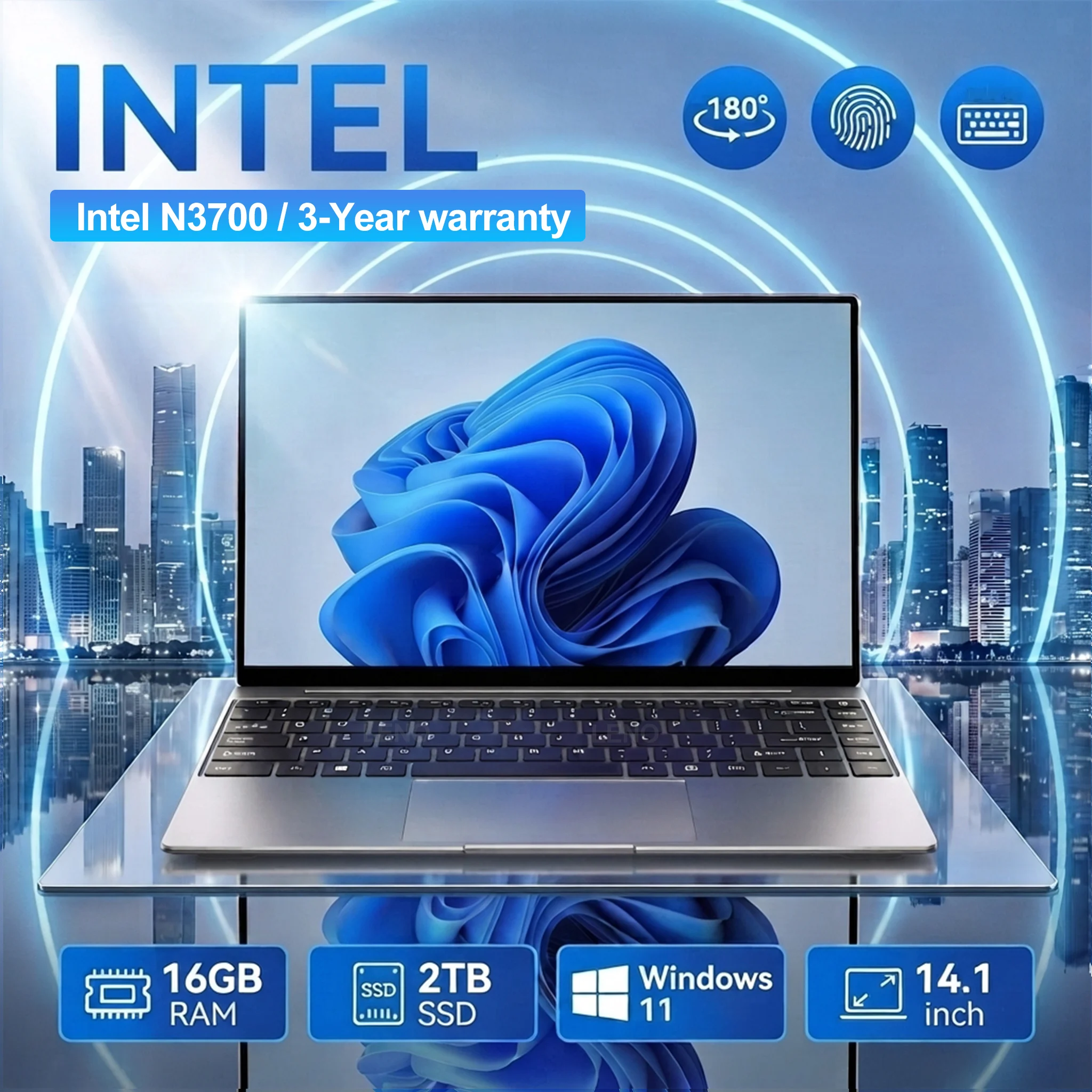 Ordinateur portable LENO NEW 14,1 pouces, Windows 11, 16 Go de RAM, SSD 2 To, Intel N3700 Pro, ordinateur portable gamer, écran 1920*1080, bureau, études, ultra fin, PC