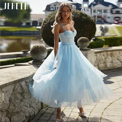 JEHETH Blue Prom Dresses Pastoral Fairy Tired Tea Length Sweetheart Party Backless Evening Gown Tulle فساتين للحفلات الراقصة