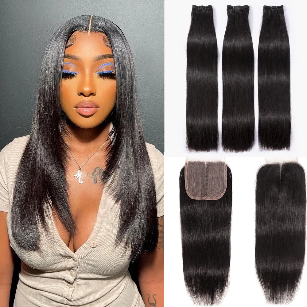 10A Brazilian Hair Straight Bundles With Closure Human Hair Weave Straight Extension With 5x5x1 Part Lace Closure For Women