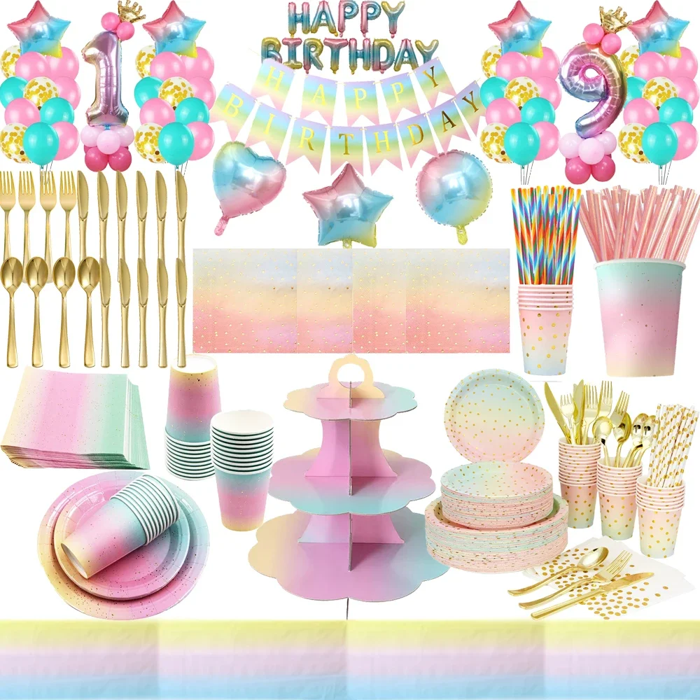 Tęczowe tłoczenie na gorąco Dekoracje urodzinowe Jednorazowa zastawa stołowa Serwetki Papierowy kubek Słomka Kild's Baby Shower Party Supplies — zdjęcie 2