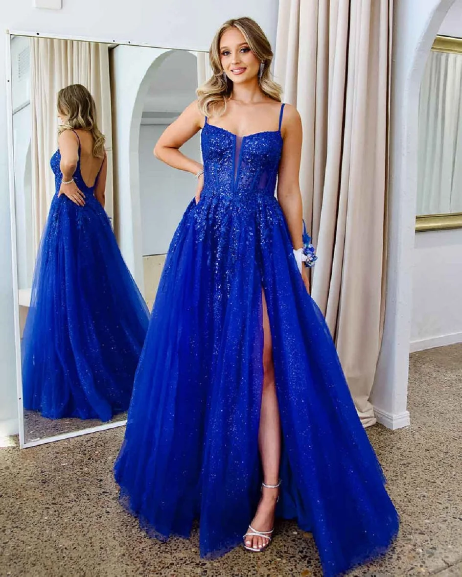 

2024 Hot Selling Blue Ball Dress/Princess Square Neckline Sheer Glitter Sweep Skirt Ball Dress, Front Slit