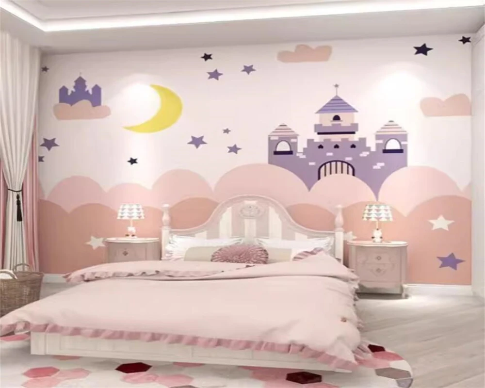 

beibehang wall paper Customized cartoon pink castle children's room girl princess room bedroom unicorn wallpaper