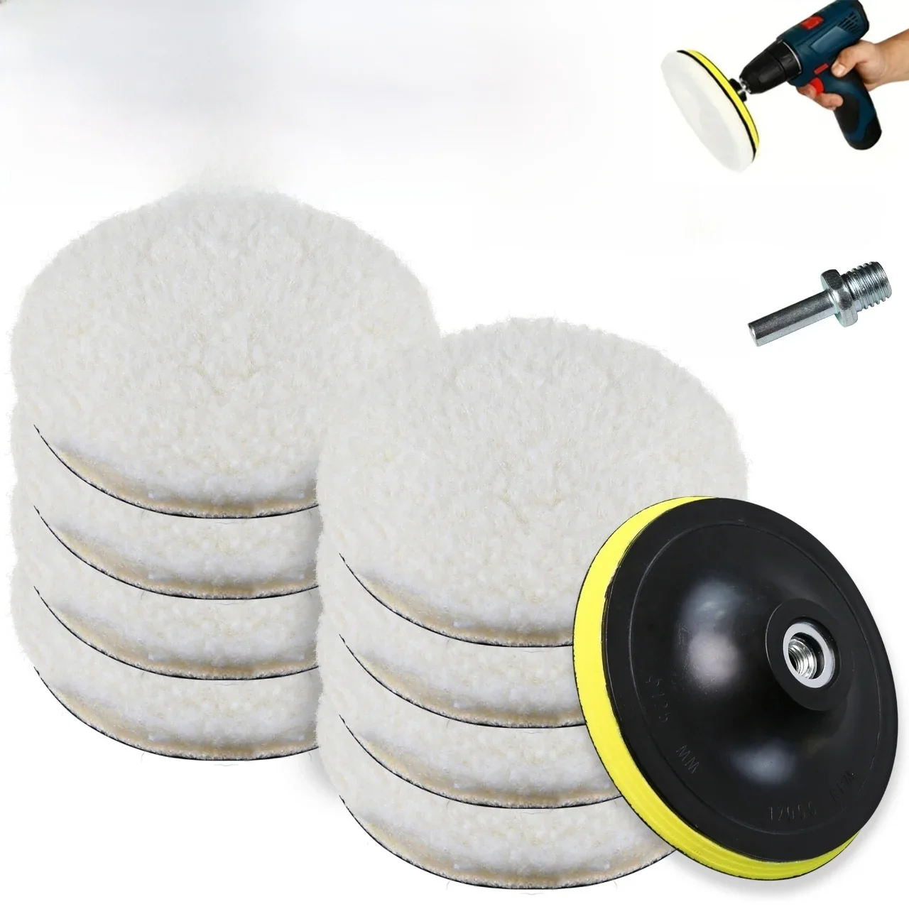 10PCS (8Pads + 1Sucker + 1Screw) Auto Polijsten Waxen Buffing Wheel Pad Auto Polijstmachine Kit voor Auto M10/M14 Boor Connector - afbeelding 2