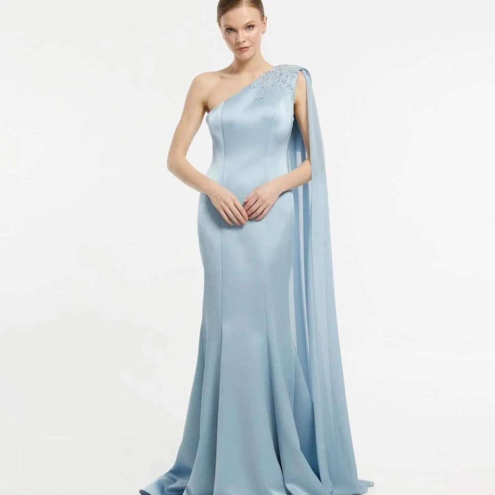 

ROSELLA Sky Blue One Shoulder Women Evening Dresses Beaded Meimaid Floor Length Female Formal Party Prom Gown New 2023