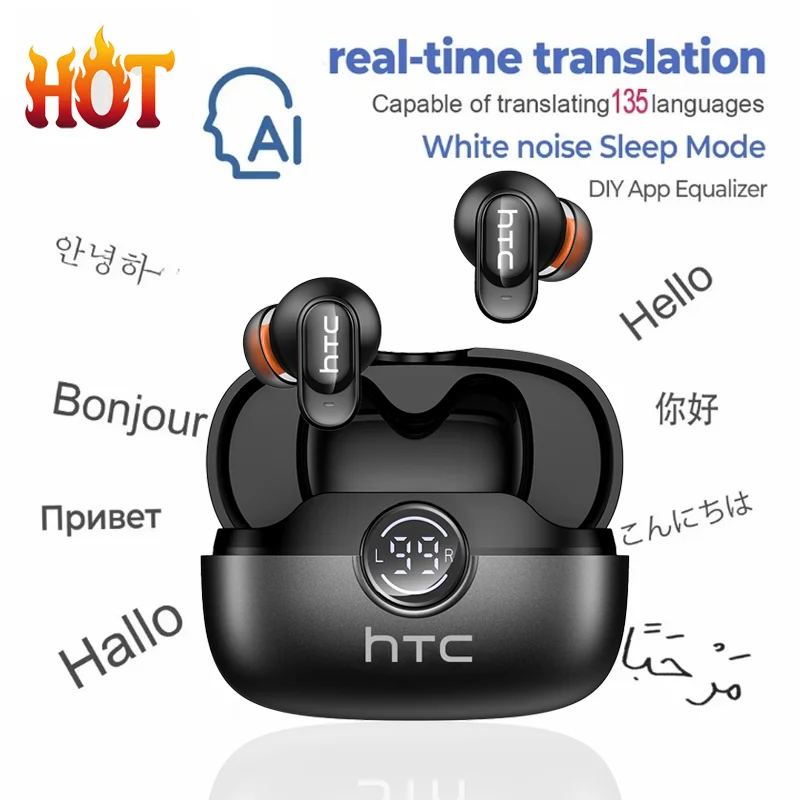 HTC NE79 TWS In-Ear-Ohrhörer Bluetooth 6.0 ENC Aktive Geräuschunterdrückung HD-Anruf-Kopfhörer Echtzeit-132-Sprachen-KI-Übersetzer 38 Stunden extrem lange Akkulaufzeit IPX5 Schweißfest Touch-Steuerung