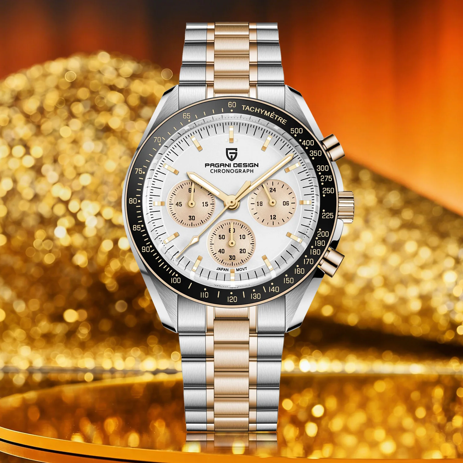 PAGANI DESIGN Nouvelle Montre à Quartz pour Homme, Montre Lune Dorée, Chronographe Sportif VK63 pour Homme, Saphir AR Lumineux, Expédition Locale