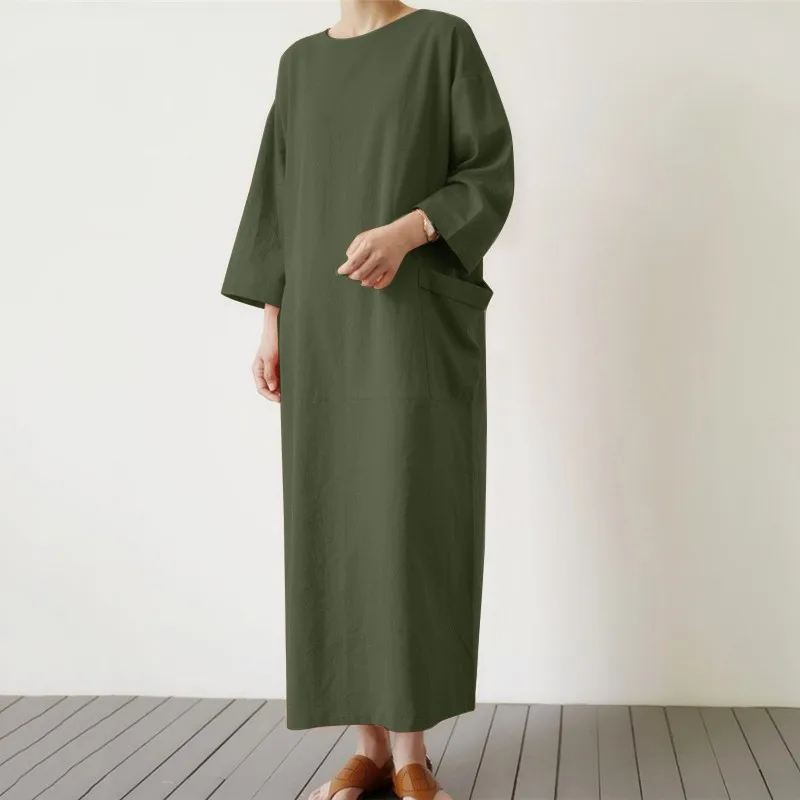 Loose Linen Maternity Clothes Solid Dress Skirt Spring Autumn Retro Women O-Neck Long Sleeve Dresses Vestidos Pregnancy Clothing